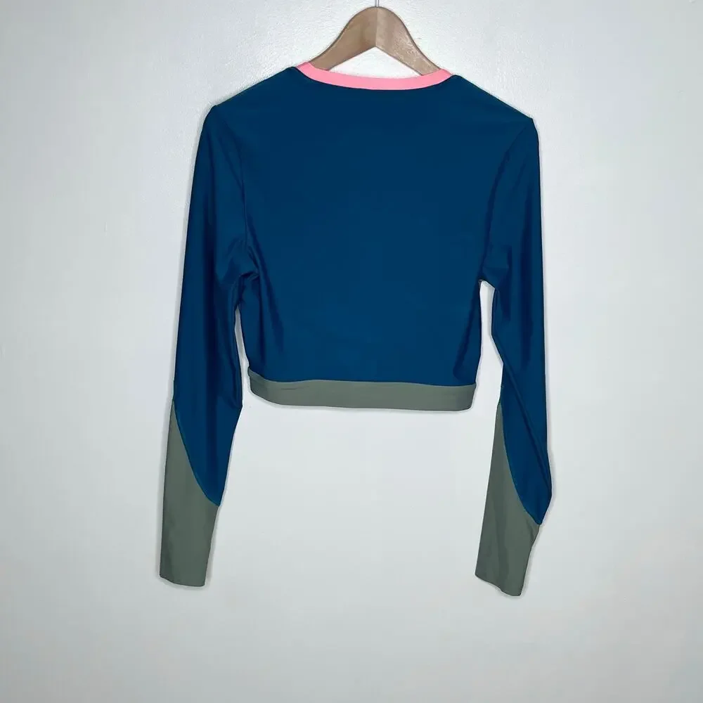 Title Nine Tideturn Cropped Rash Guard Womens M Blue Green Pink Colorblock